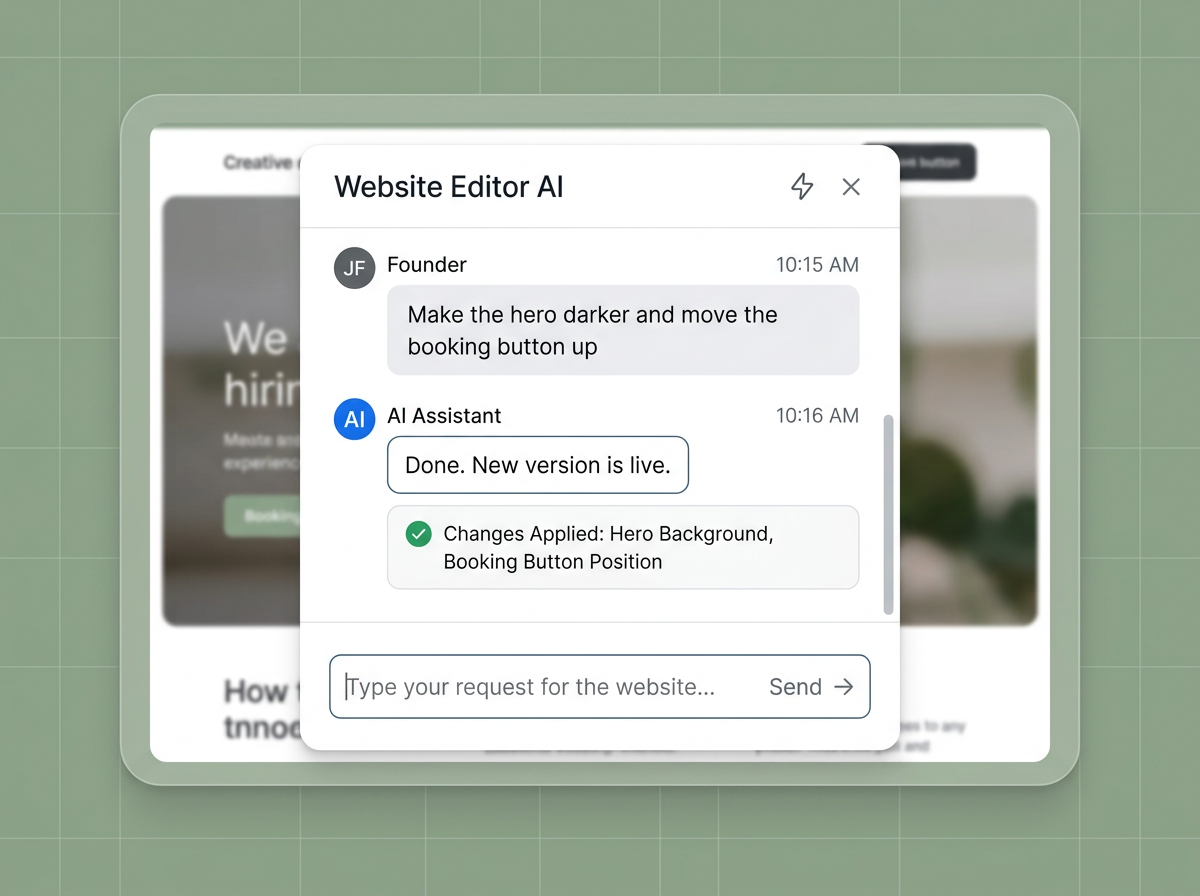 A website editor chat where a founder asks to darken the hero and move the booking button, and the AI confirms the changes are live
